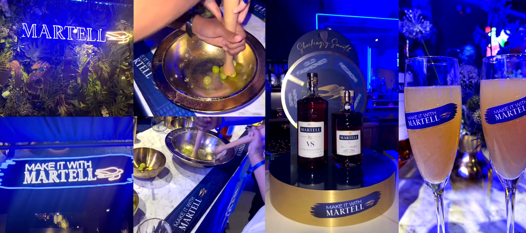 Make It With Martell activation images with cocktails, serving stand and crushed grapes in gold pan